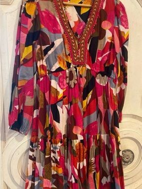 Kaktus Vibrant Multi-Color Boho V-Neck Tiered Dress